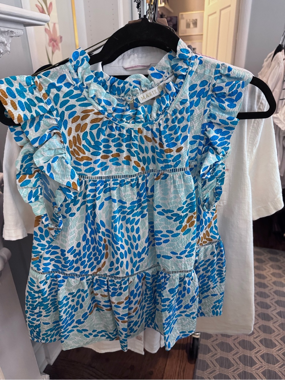 Marie Oliver Blue and Brown Leaf-Print Ruffle Tank